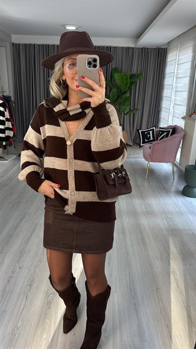 Orijinal Model Atkılı Bej Acı Kahve Triko