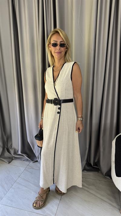 Orijinal Model Bej Keten Elbise