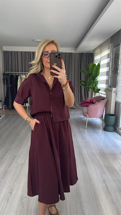 Orijinal Model Bordo Etek Gömlek Takım