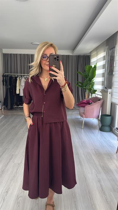 Orijinal Model Bordo Etek Gömlek Takım