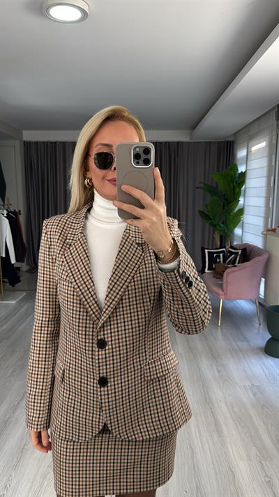 Orijinal Model Bordo Kahve Ekoseli Blazer Ceket