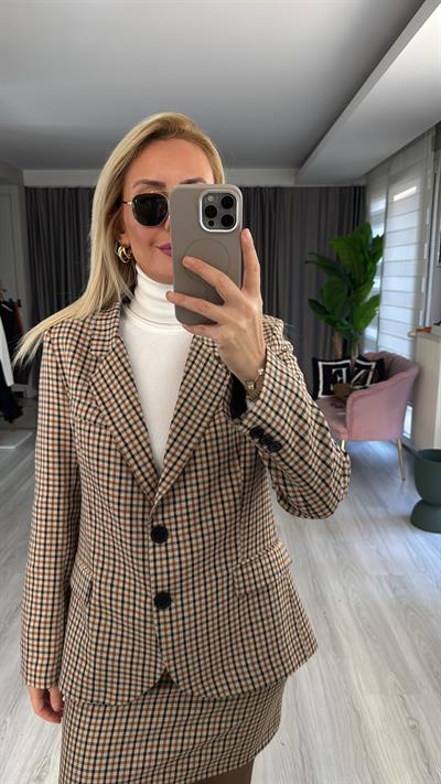 Orijinal Model Bordo Kahve Ekoseli Blazer Ceket