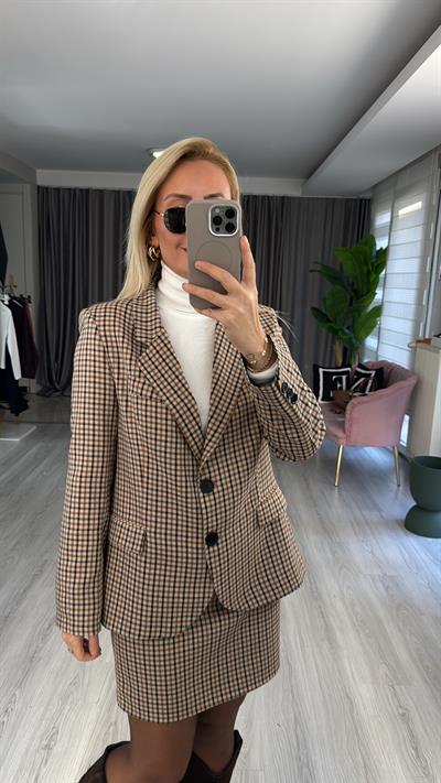 Orijinal Model Bordo Kahve Ekoseli Blazer Ceket