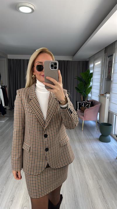 Orijinal Model Bordo Kahve Ekoseli Blazer Ceket