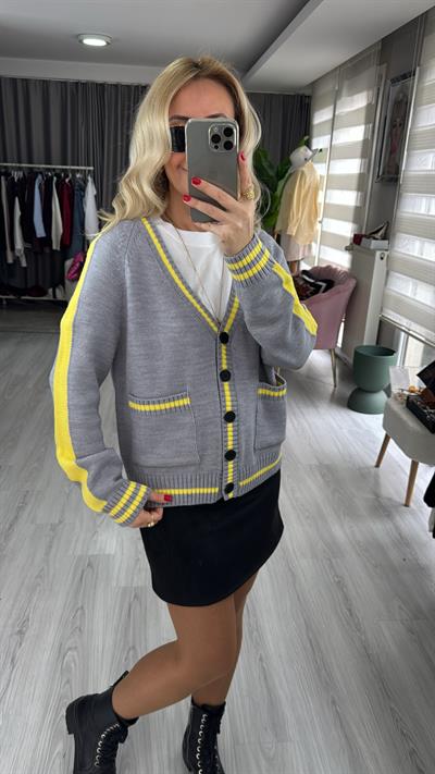 Orijinal Model Dilvin Sarı Şeritli Gri Triko Hırka