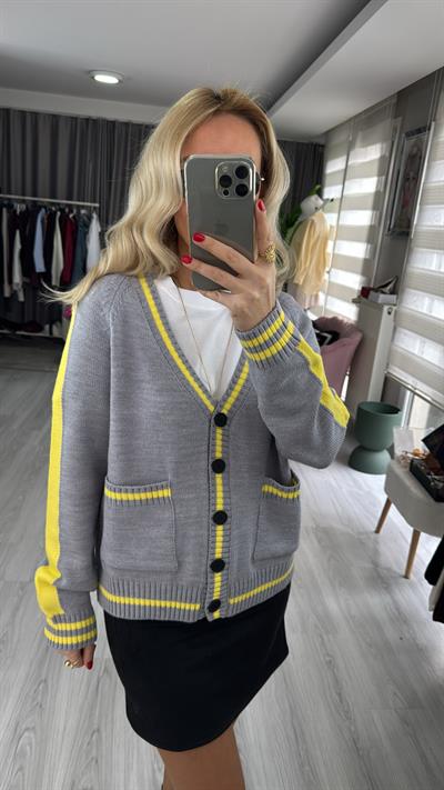 Orijinal Model Dilvin Sarı Şeritli Gri Triko Hırka