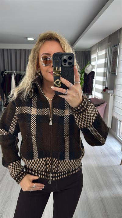 Orijinal Model Ekose Örgü Bomber Acı Kahve Triko Ceket