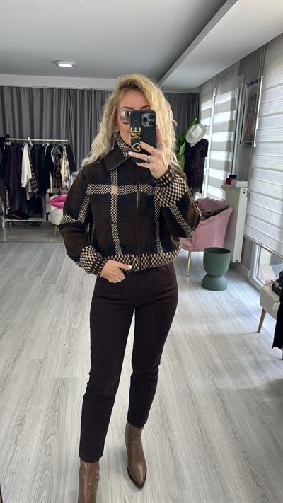 Orijinal Model Ekose Örgü Bomber Acı Kahve Triko Ceket