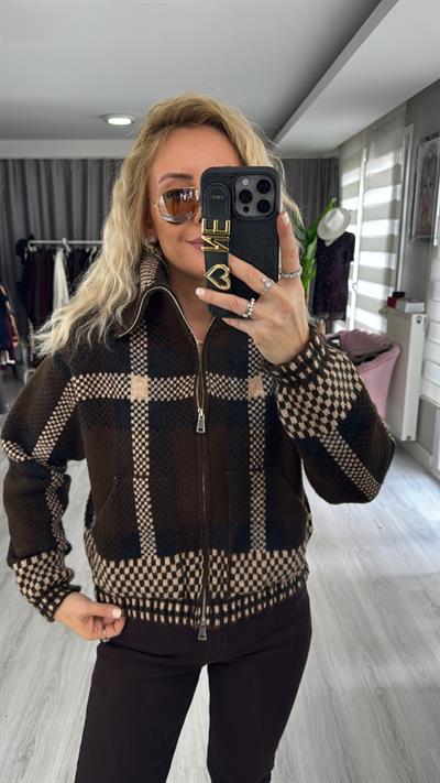 Orijinal Model Ekose Örgü Bomber Acı Kahve Triko Ceket