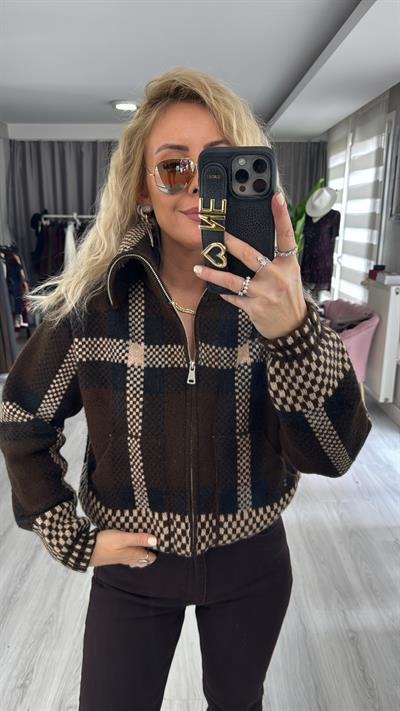 Orijinal Model Ekose Örgü Bomber Acı Kahve Triko Ceket