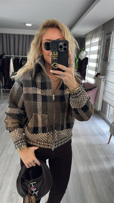 Orijinal Model Ekose Örgü Bomber Triko Ceket