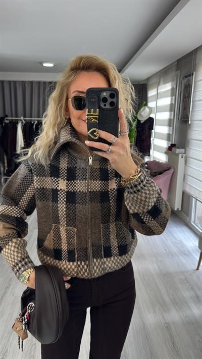 Orijinal Model Ekose Örgü Bomber Triko Ceket