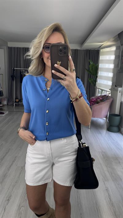 Orijinal Model Gold Düğmeli Kısa Kollu Mavi Triko