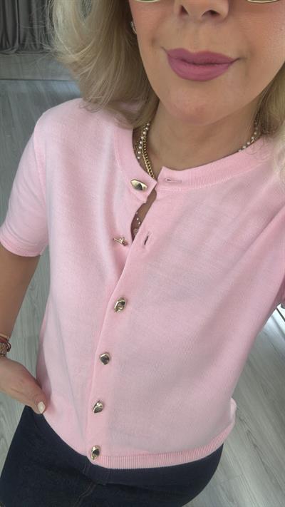 Orijinal Model Gold Düğmeli Kısa Kollu Pembe Triko