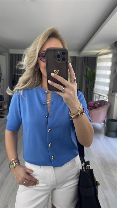 Orijinal Model Gold Düğmeli Kısa Kollu Mavi Triko