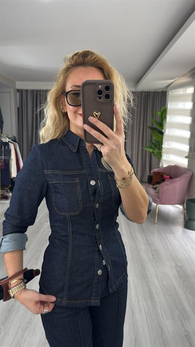 Orijinal Model Likralı Büzgü Detaylı Lacivert Jean Takım