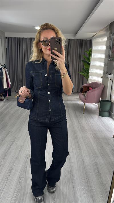 Orijinal Model Likralı Büzgü Detaylı Lacivert Jean Takım