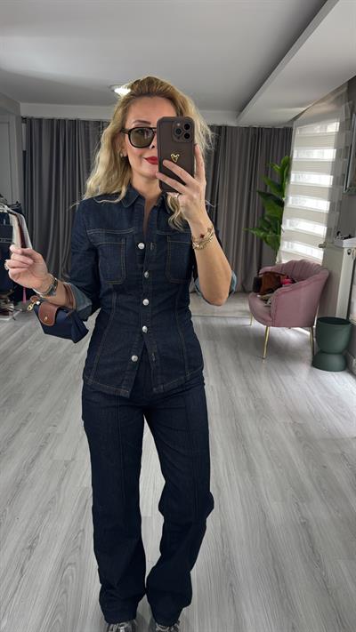 Orijinal Model Likralı Büzgü Detaylı Lacivert Jean Takım