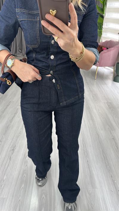Orijinal Model Likralı Büzgü Detaylı Lacivert Jean Takım