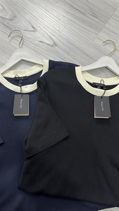 ORJİNAL MARKA, BEJ BİSİKLET YAKA, LACİVERT YARIM KOLLU TİŞÖRT