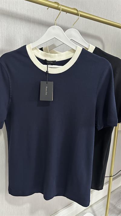 ORJİNAL MARKA, BEJ BİSİKLET YAKA, LACİVERT YARIM KOLLU TİŞÖRT