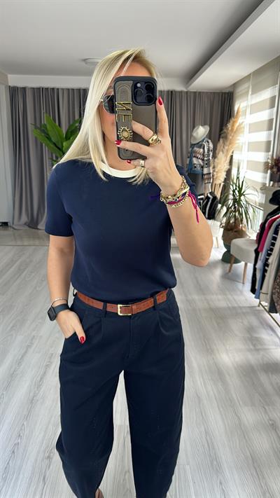 ORJİNAL MARKA, BEJ BİSİKLET YAKA, LACİVERT YARIM KOLLU TİŞÖRT