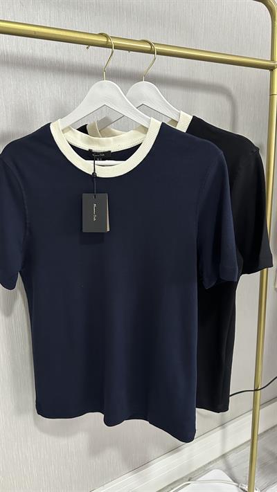 ORJİNAL MARKA, BEJ BİSİKLET YAKA, LACİVERT YARIM KOLLU TİŞÖRT