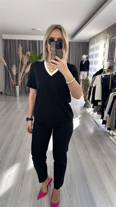 ORJİNAL MARKA, BEJ V YAKA, SİYAH YARIM KOLLU TİŞÖRT