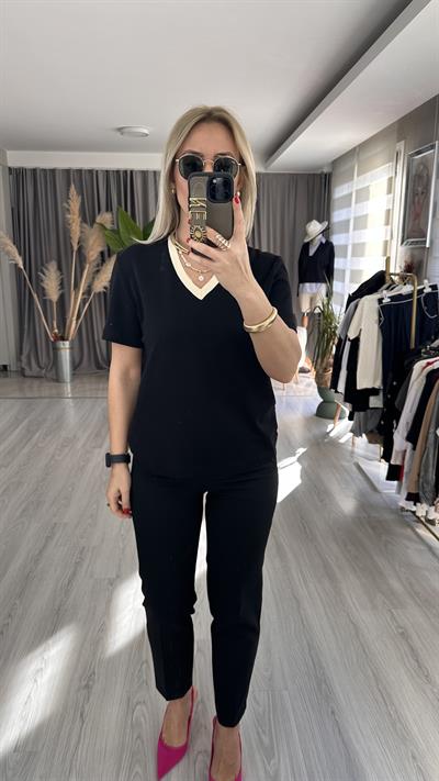 ORJİNAL MARKA, BEJ V YAKA, SİYAH YARIM KOLLU TİŞÖRT