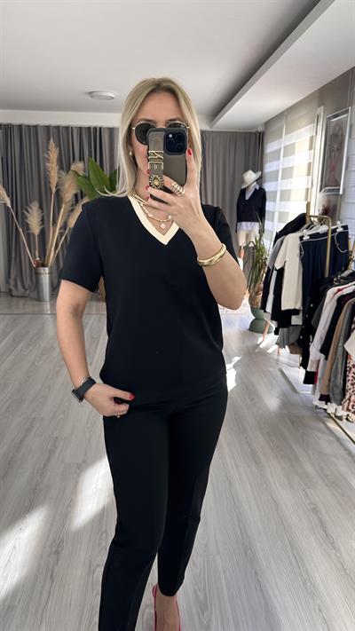 ORJİNAL MARKA, BEJ V YAKA, SİYAH YARIM KOLLU TİŞÖRT