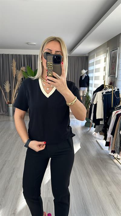 ORJİNAL MARKA, BEJ V YAKA, SİYAH YARIM KOLLU TİŞÖRT