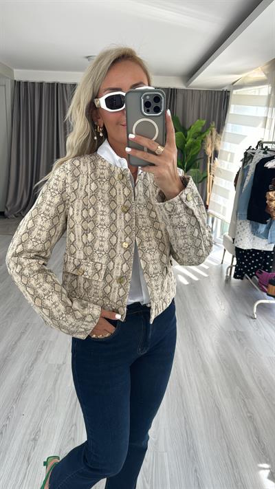 Orjinal Marka Bej Yılan Desenli Gold Düğme Detaylı Ceket