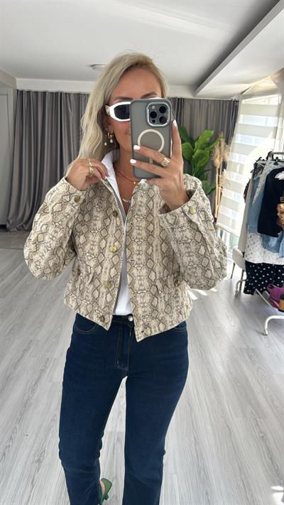 Orjinal Marka Bej Yılan Desenli Gold Düğme Detaylı Ceket
