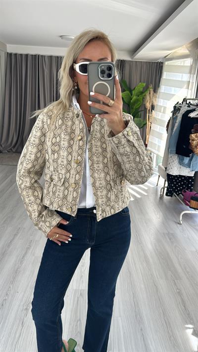 Orjinal Marka Bej Yılan Desenli Gold Düğme Detaylı Ceket