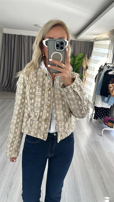 Orjinal Marka Bej Yılan Desenli Gold Düğme Detaylı Ceket