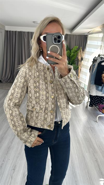 Orjinal Marka Bej Yılan Desenli Gold Düğme Detaylı Ceket