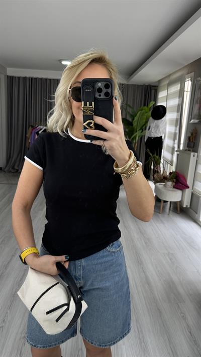 ORJİNAL MARKA BEYAZ BİYELİ SİYAH PAMUKLU TİŞÖRT