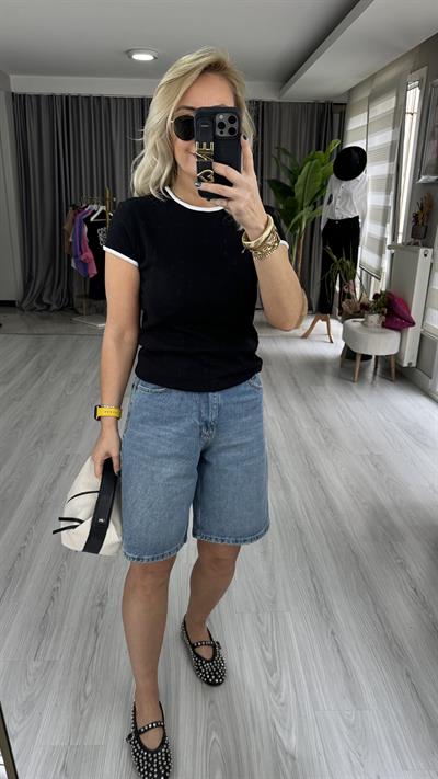 ORJİNAL MARKA BEYAZ BİYELİ SİYAH PAMUKLU TİŞÖRT