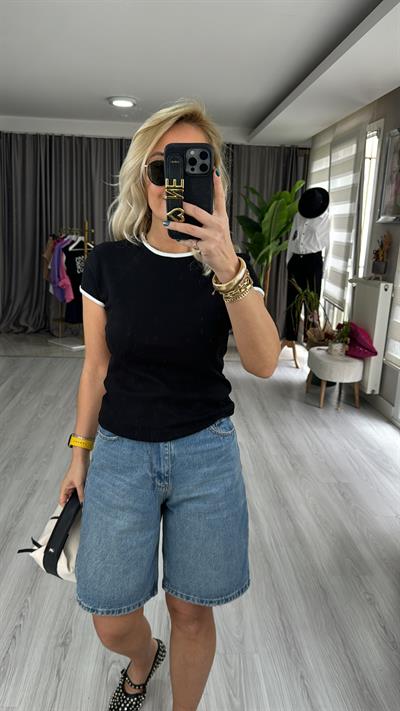 ORJİNAL MARKA BEYAZ BİYELİ SİYAH PAMUKLU TİŞÖRT