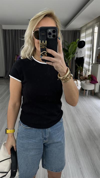 ORJİNAL MARKA BEYAZ BİYELİ SİYAH PAMUKLU TİŞÖRT