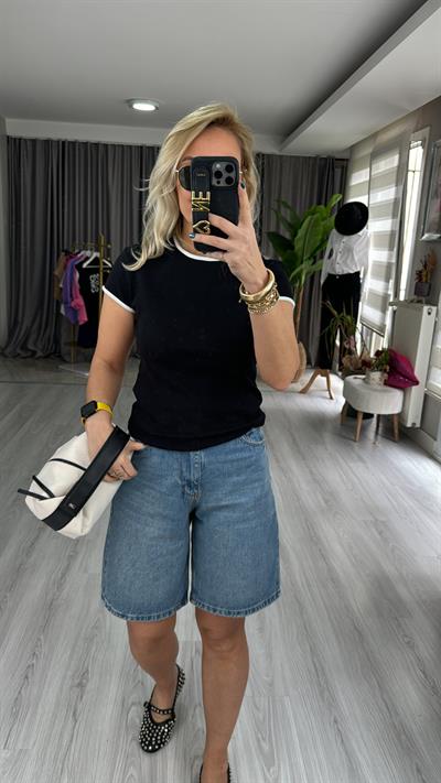 ORJİNAL MARKA BEYAZ BİYELİ SİYAH PAMUKLU TİŞÖRT