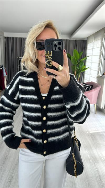 Orjinal Marka Beyaz Çizgili Siyah Triko