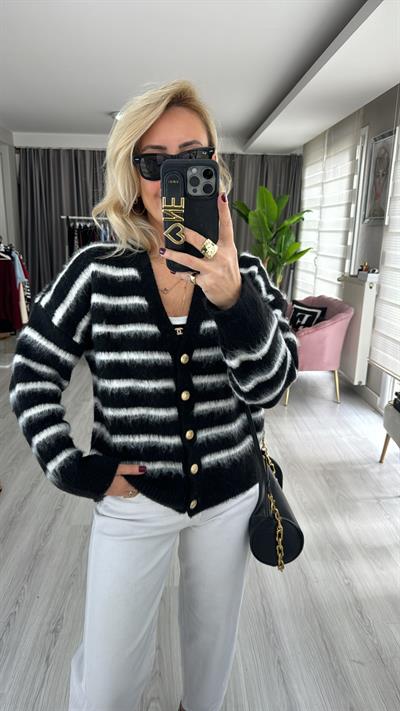 Orjinal Marka Beyaz Çizgili Siyah Triko