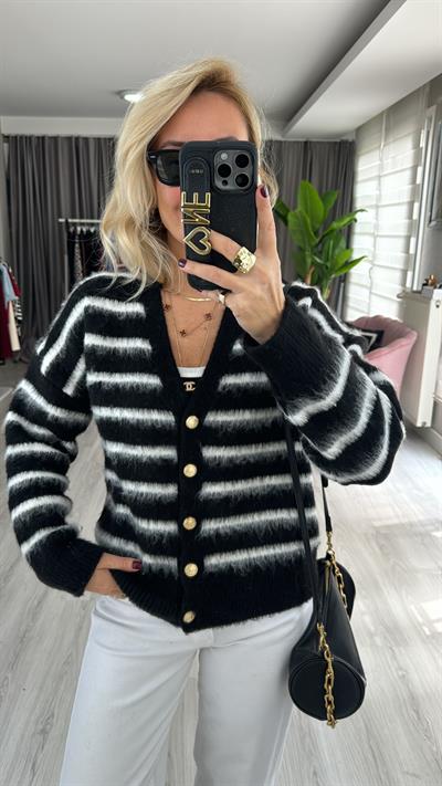 Orjinal Marka Beyaz Çizgili Siyah Triko