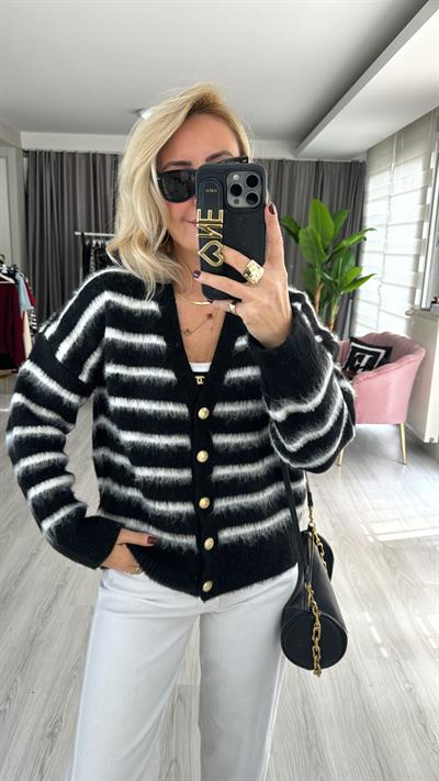 Orjinal Marka Beyaz Çizgili Siyah Triko