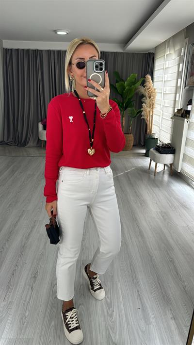 Orjinal Marka, Beyaz Kalp Nakışlı, Kırmızı Tişört