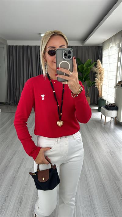 Orjinal Marka, Beyaz Kalp Nakışlı, Kırmızı Tişört