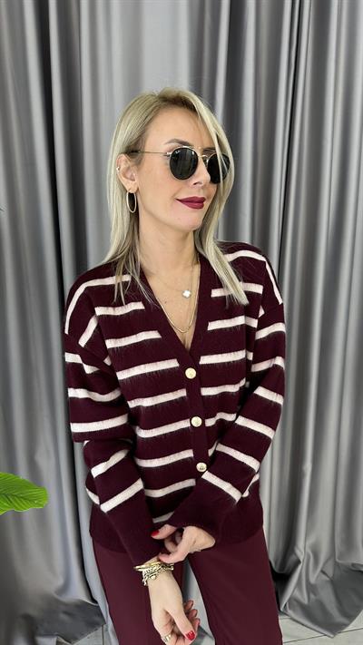 Orjinal Marka Ekru Çizgili Bordo Triko Ceket