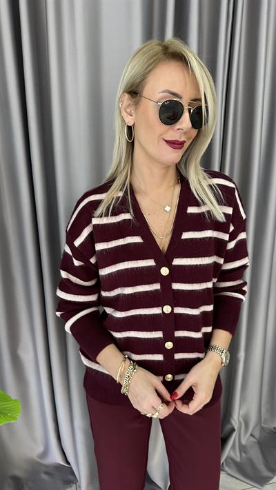 Orjinal Marka Ekru Çizgili Bordo Triko Ceket
