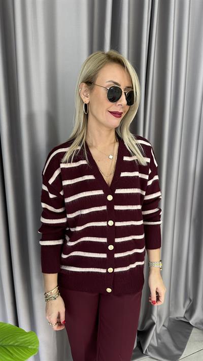 Orjinal Marka Ekru Çizgili Bordo Triko Ceket